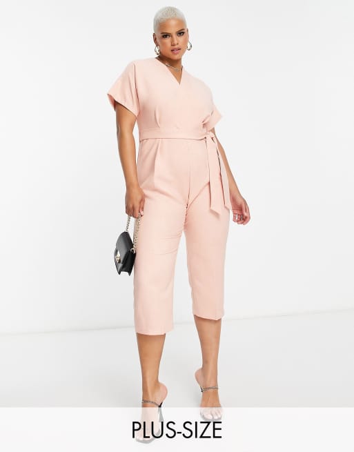 Closet London Plus - Tuta jumpsuit avvolgente color cipria con maniche a kimono e allacciata in vita