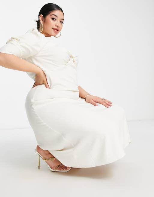 Closet London Plus twist front puff sleeve midi dress in cream, 4 of 4