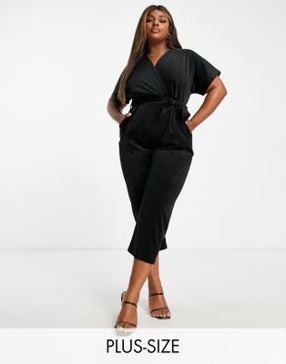 Closet London Plus velvet wrap jumpsuit in black