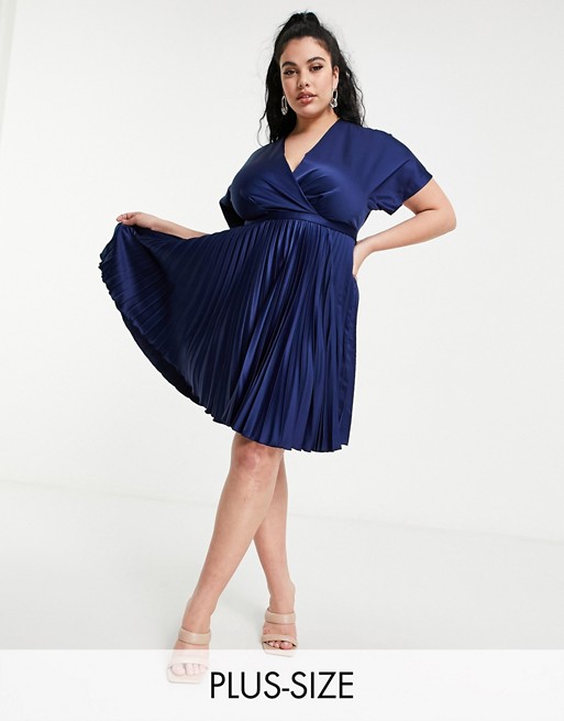 Closet London Plus wrap front pleated midi skater dress in navy