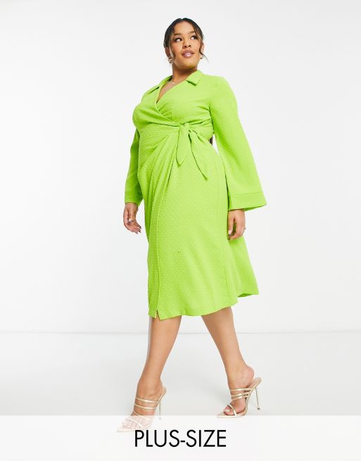 London Plus wrap shirt midi dress in lime | ASOS