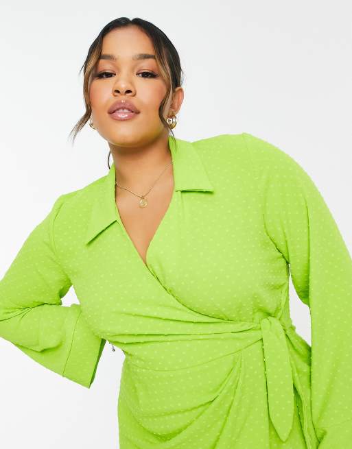 Closet London Plus wrap shirt midi dress in lime, 3 of 4