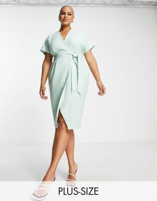 Closet London Plus Closet London Plus wrap tie midi dress in sage-Green