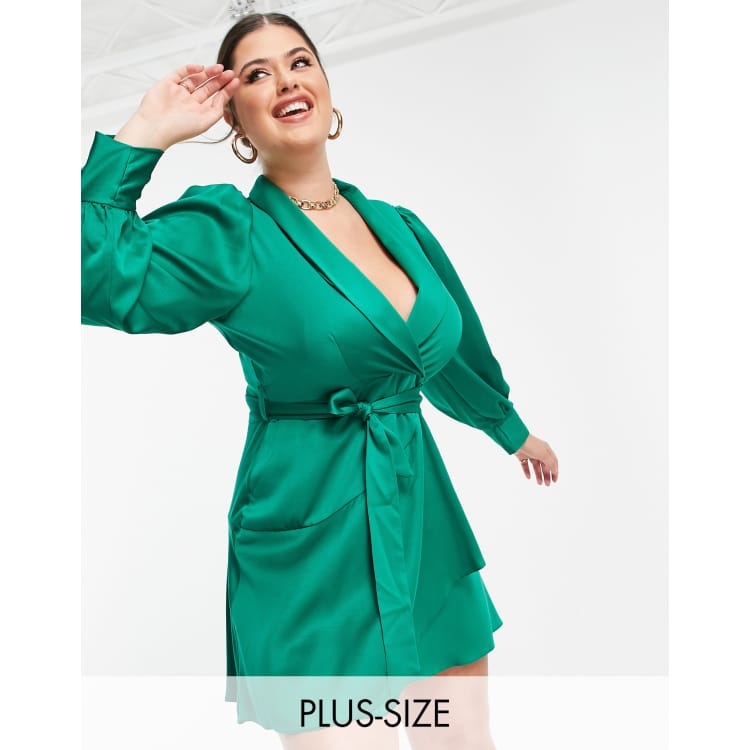 Closet London Plus wrap tie mini dress in emerald green | ASOS