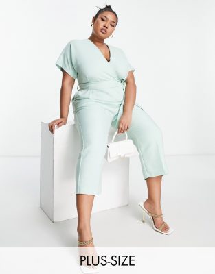 Closet London Plus wrap waist tie kimono sleeve jumpsuit in sage - ASOS Price Checker