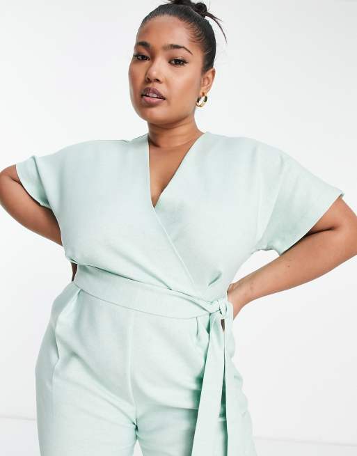 Closet London Plus wrap waist tie kimono sleeve jumpsuit in sage, 3 of 4