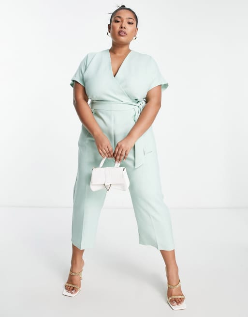 Closet London Plus wrap waist tie kimono sleeve jumpsuit in sage, 4 of 4