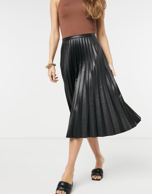 Black faux leather 2025 pu pleated midi skirt