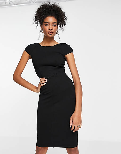 Closet London puff shoulder pencil dress with bodice detail in black