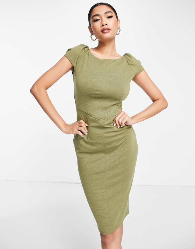 Closet London puff shoulder pencil dress with bodice detail in olive