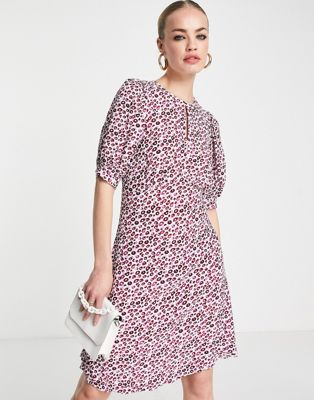 Closet London Puff Sleeve Mini Dress In Pink Print-multi