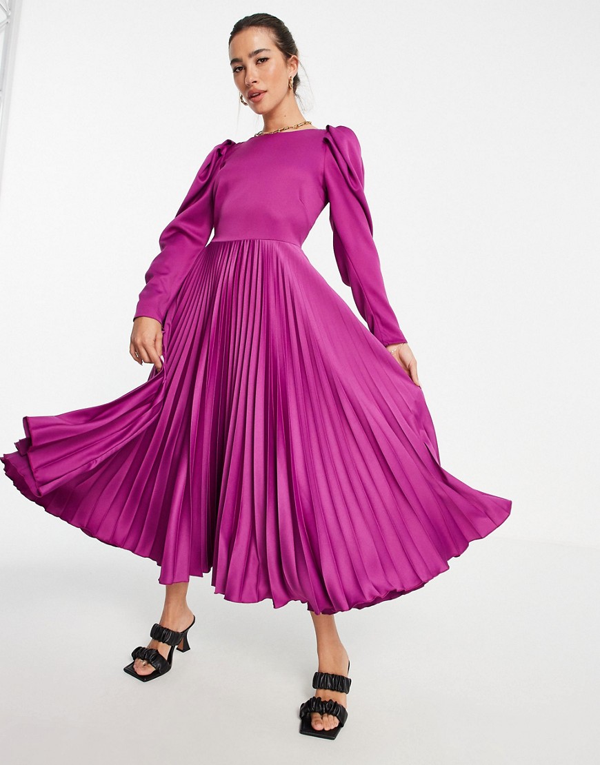 Closet London puff sleeve pleated midi dress in berry-Purple