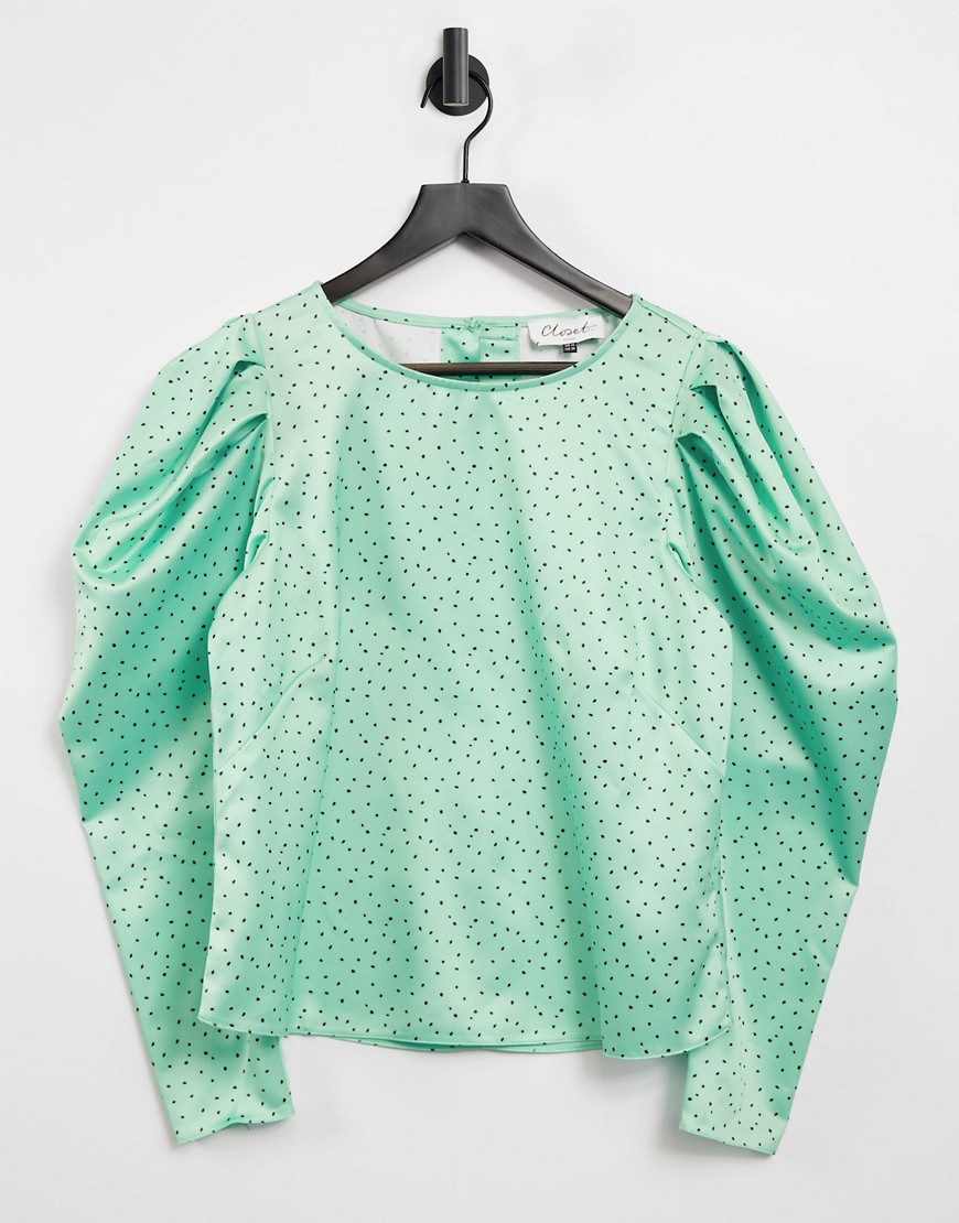Closet London puff sleeve top in mint polka dot print-Green