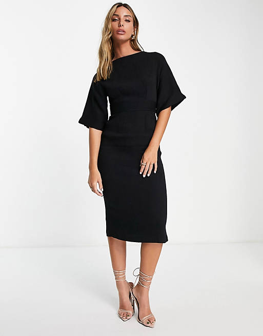 Closet London ribbed pencil dress with tie belt in black