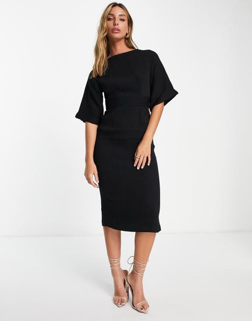 Closet London ribbed pencil dress with tie belt in black | ASOS