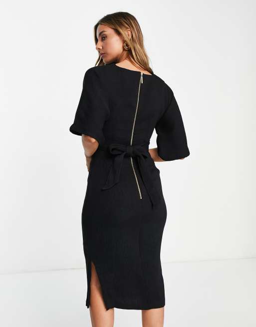Closet London ribbed pencil dress with tie belt in black ASOS