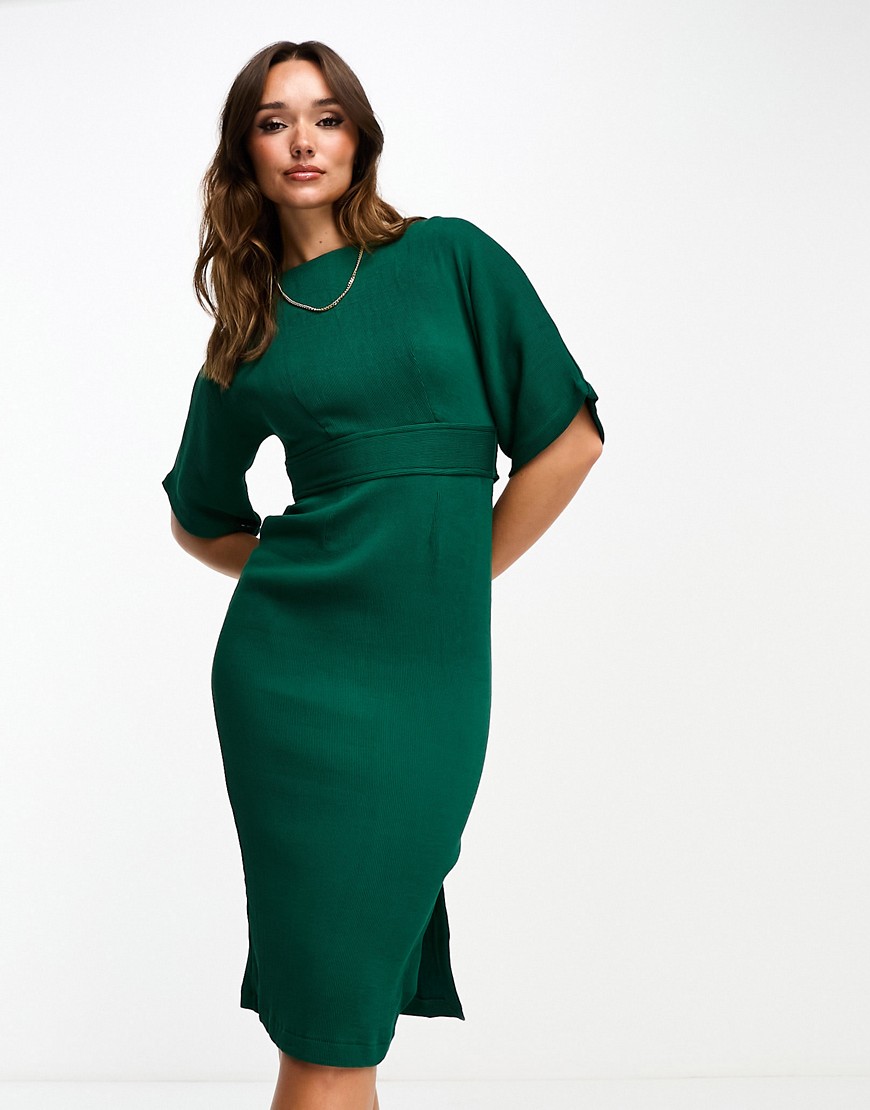 ribbed pencil dress with tie belt in emerald green