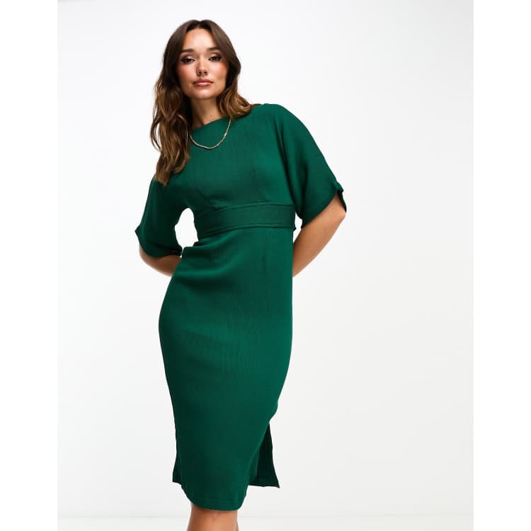 Closet London ribbed pencil dress with tie belt in emerald green