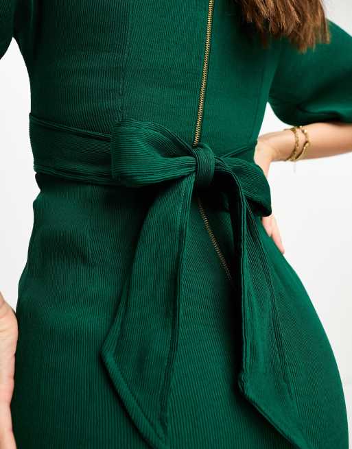 Closet London ribbed pencil dress with tie belt in emerald green