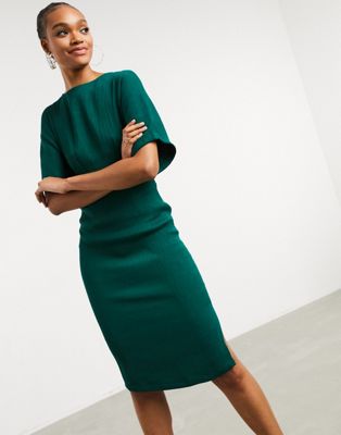 Closet London ribbed pencil dress with tie belt in emerald green | ASOS