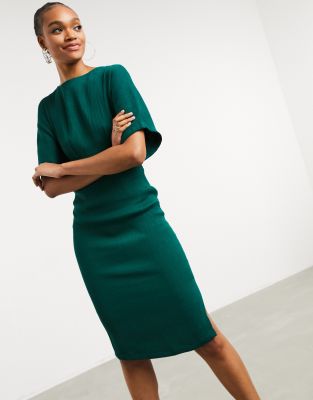 ribbed pencil dress with tie belt in emerald green