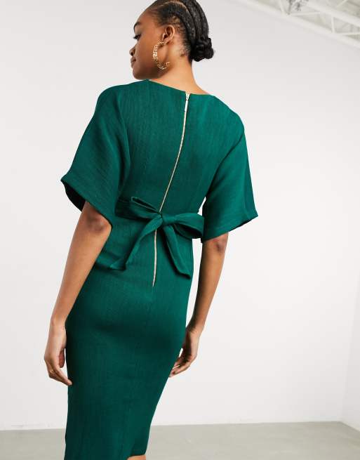 Closet London ribbed pencil dress with tie belt in emerald green