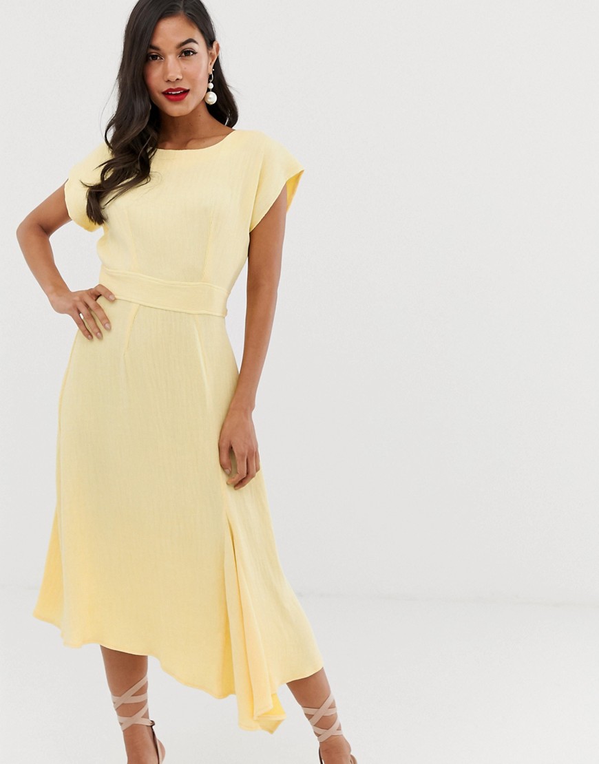 Closet London ribbed pencil dress with tie belt in lemon-Yellow