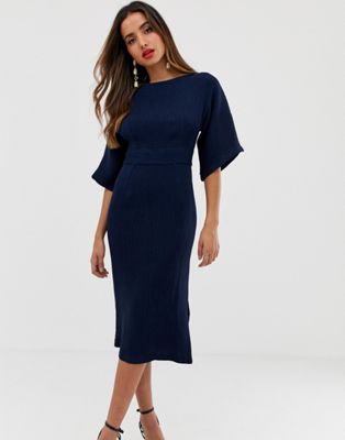 Closet London ribbed pencil dress with tie belt in navy