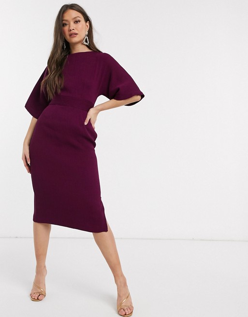 Closet London ribbed pencil dress with tie belt in plum
