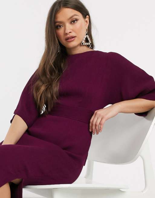 Closet London ribbed pencil dress with tie belt in plum | ASOS