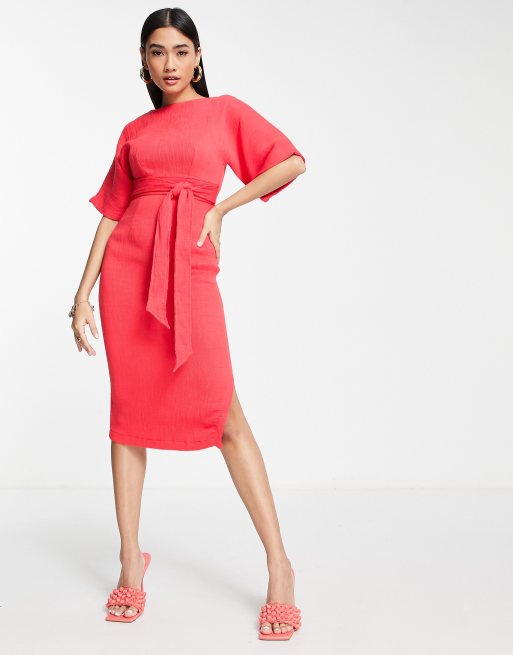 Closet London ribbed pencil dress with tie belt in red | ASOS