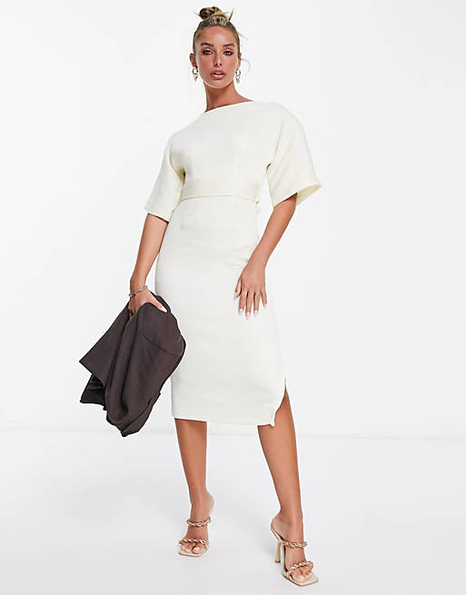 Closet London ribbed pencil dress with tie belt in stone | ASOS