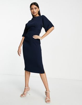 ribbed pencil dress with tie belt in navy