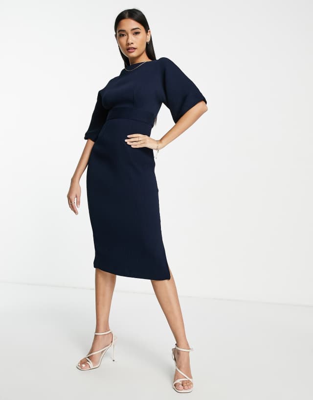 Closet London ribbed pencil dress with tie belt in navy