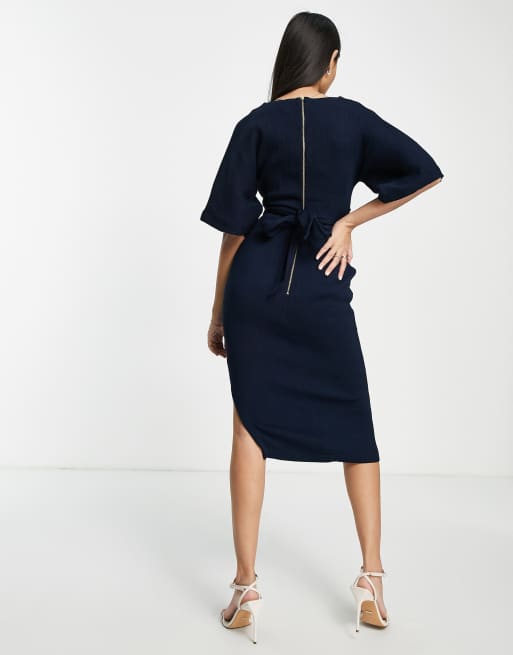 Closet London ribbed pencil dress with tie belt in&nbsp;navy, 2 of 4
