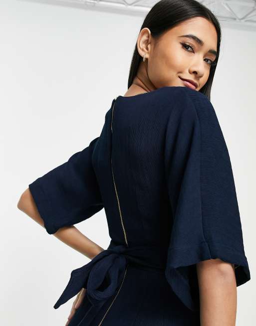 Closet London ribbed pencil dress with tie belt in&nbsp;navy, 3 of 4