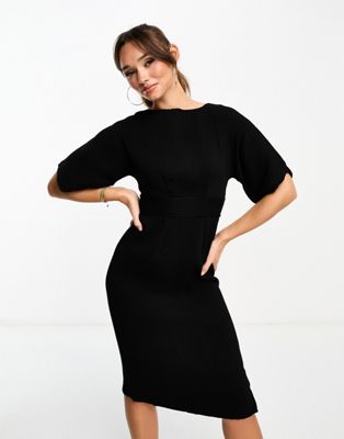 Closet London Ribbed Pencil Dress With Tie Belt In Black