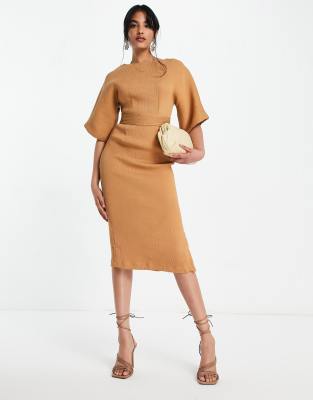 Closet London Ribbed Pencil Midi Dress In Camel-brown | ModeSens