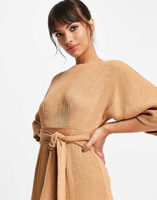 Closet London ribbed pencil midi dress in camel, 3 of 4