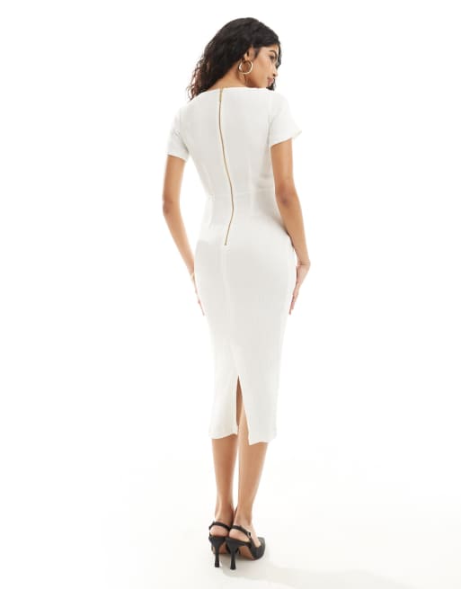 Closet London ribbed pencil midi dress in ivory | ASOS