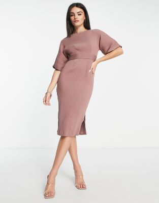 Closet London ribbed pencil midi dress in mink-Pink