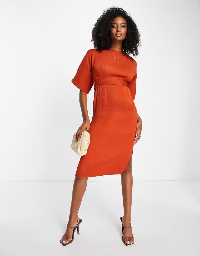 Closet London ribbed pencil midi dress in rust