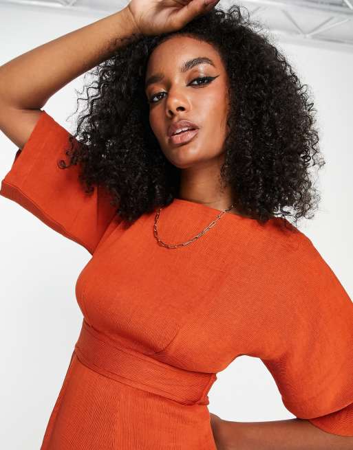 Closet London ribbed pencil midi dress in rust, 3 of 4