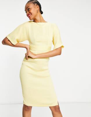 Closet London Ribbed Pencil Work Midi Dress With Tie Back In Lemon-yellow |  ModeSens