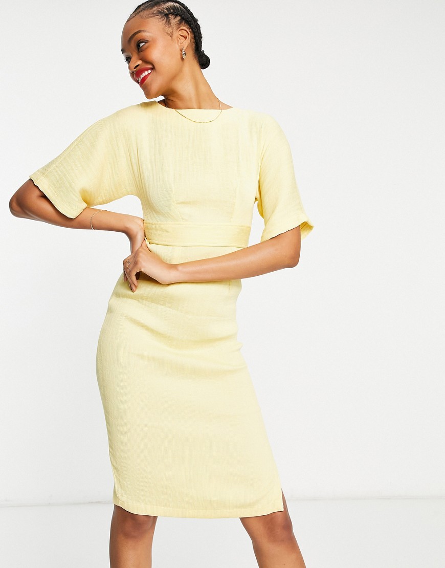 Closet London ribbed pencil work midi dress with tie back in lemon-Yellow