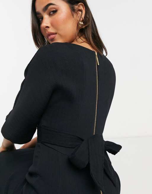 Closet London ribbed tie kimono sleeve midi dress in black | ASOS
