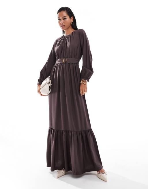 Closet London - Robe babydoll longue à volants étagés - Chocolat