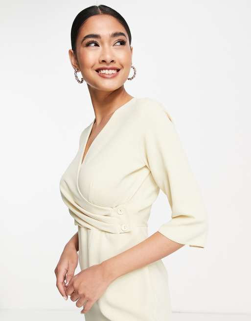 Closet London - Robe cache-cœur mi-longue boutonnée sur le côté - Écru, 3 de 4