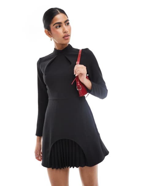 Closet London - Robe courte plissée à manches longues - Noir - view 1