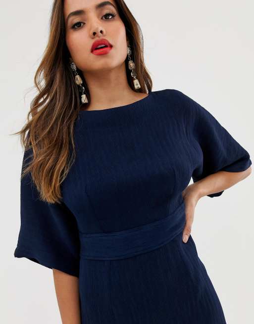 Closet London - Robe fourreau côtelée avec ceinture à nouer - Bleu marine, 3 de 4